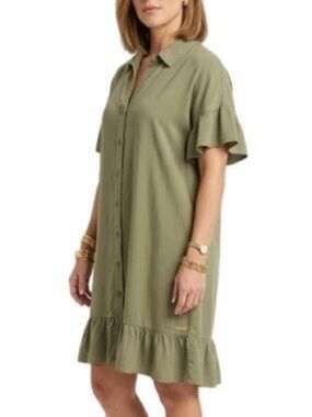 Lucky Brand Olive sage green tiered ruffle button front shirt dress ties large